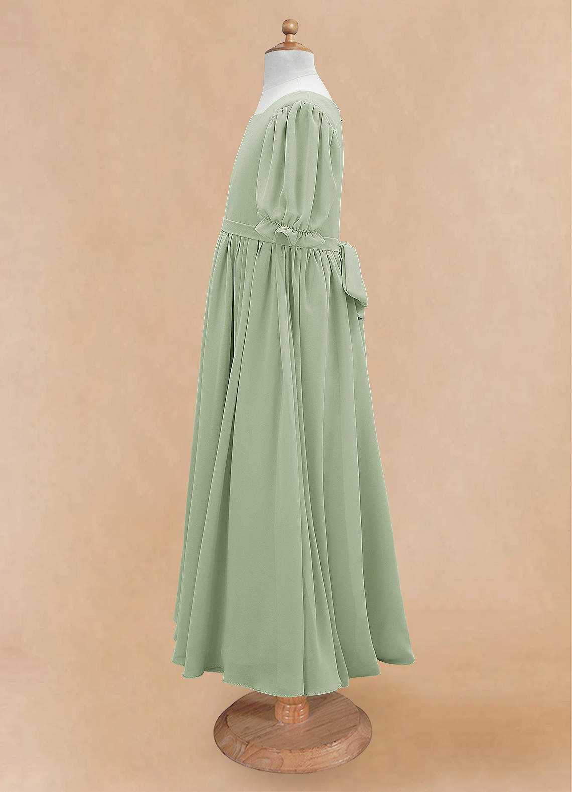 Geranium Sage Green Chiffon Flower Girl Dress with Puff Sleeves - Square Neck Junior Bridesmaid Party Gown KD-178
