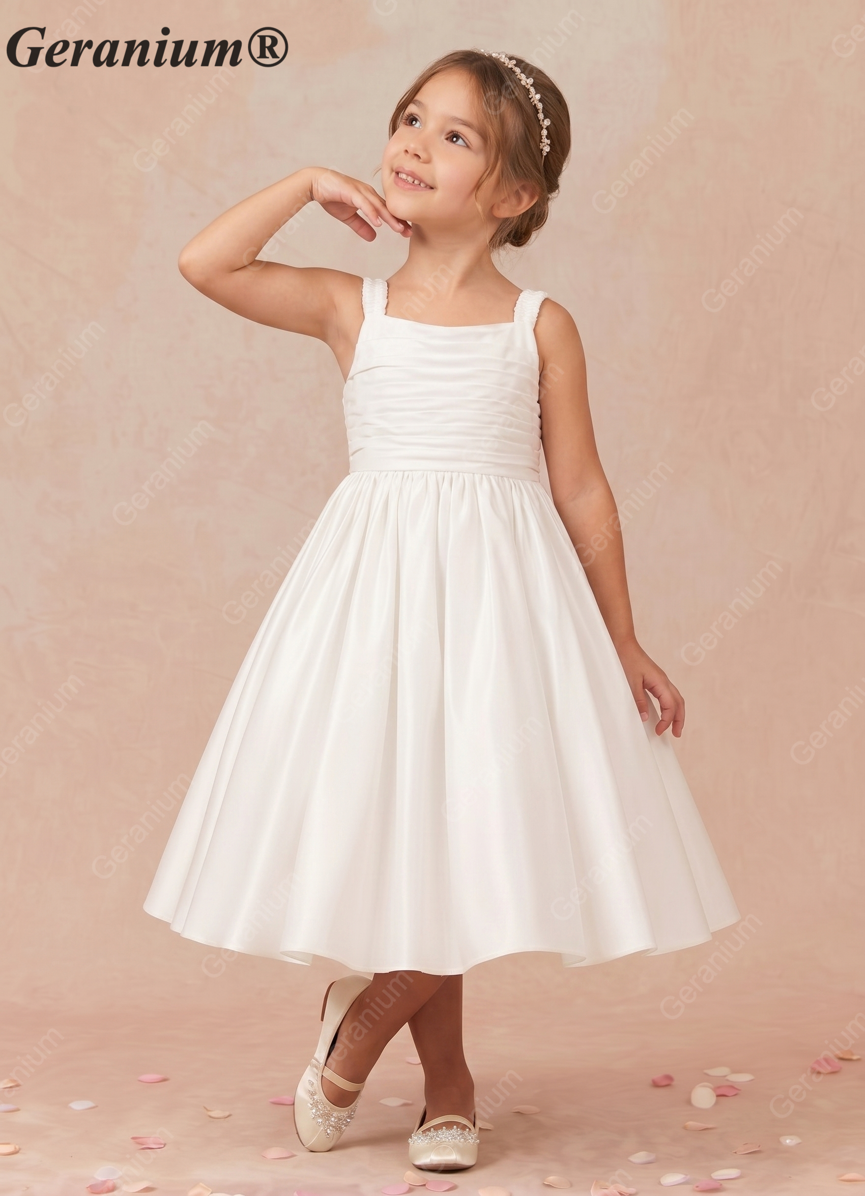 Geranium Elegant Lustrous Satin Flower Girl Dress - Pleated Bodice & Oversized Back Bow A-Line Gown KD-286 Main image
