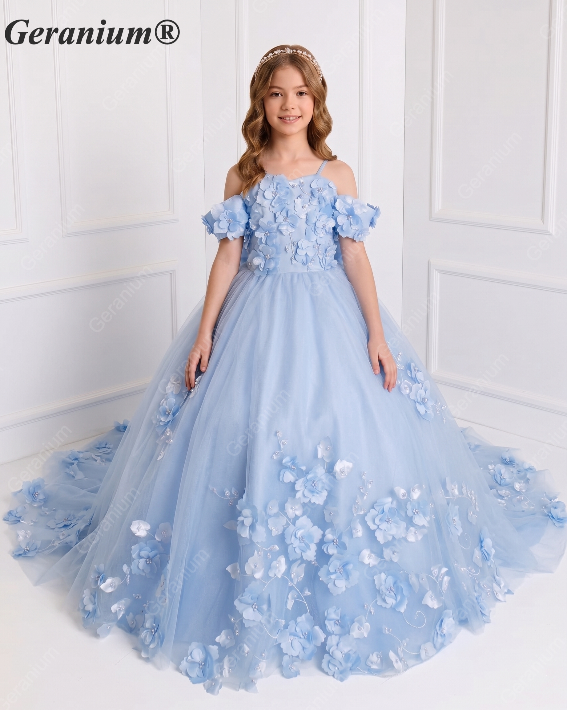 Geranium Exquisite Sky Blue Off-Shoulder 3D Floral Girls Pageant Dress with Long Cascading Train & Giant Bow KD-377