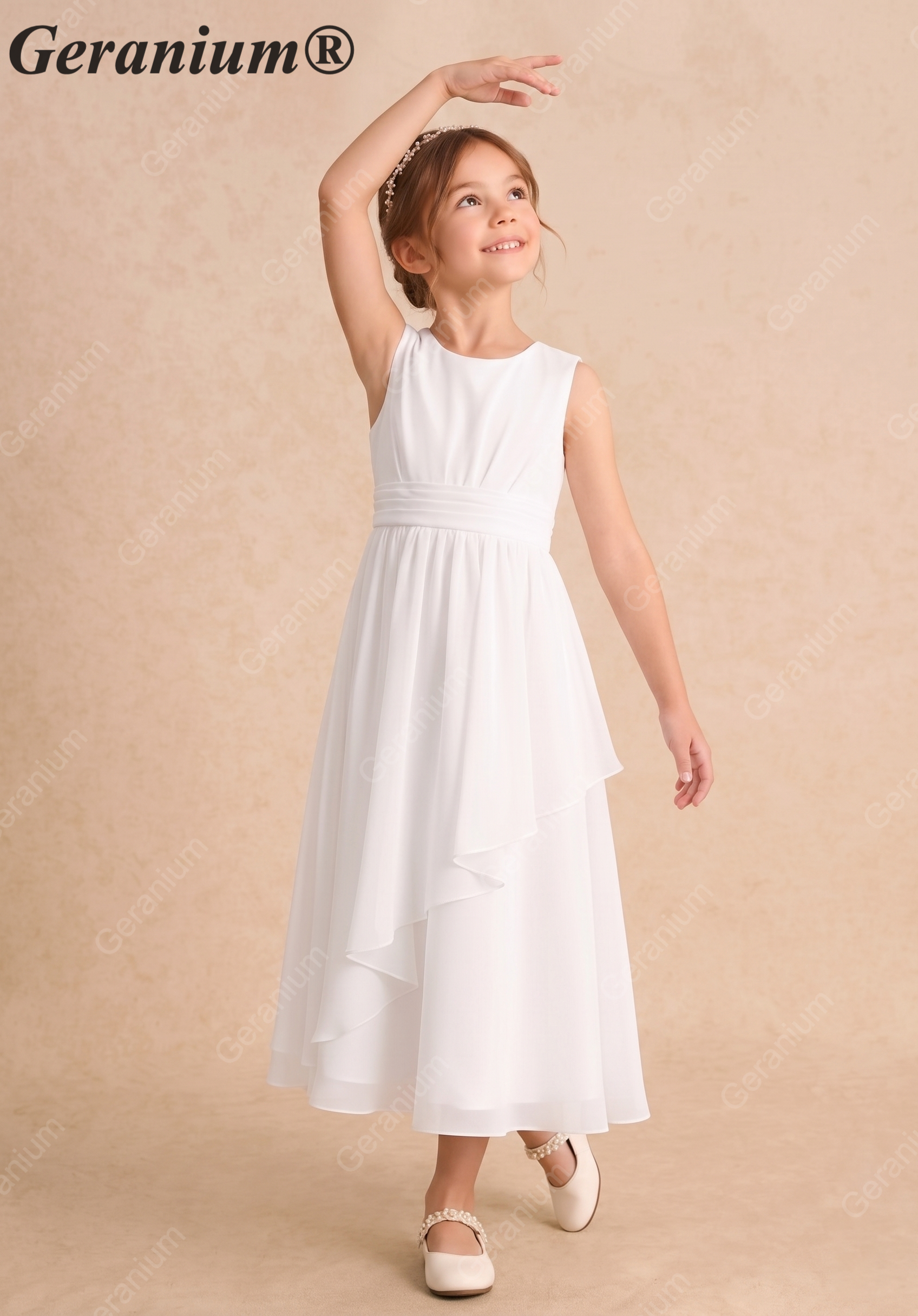 Geranium Elegant White Chiffon Flower Girl Dress / Bridesmaid Dress - Ruched Sash A-Line Cascading Ruffle Skirt - for Wedding, Communion, Party KD-228 Secondary image