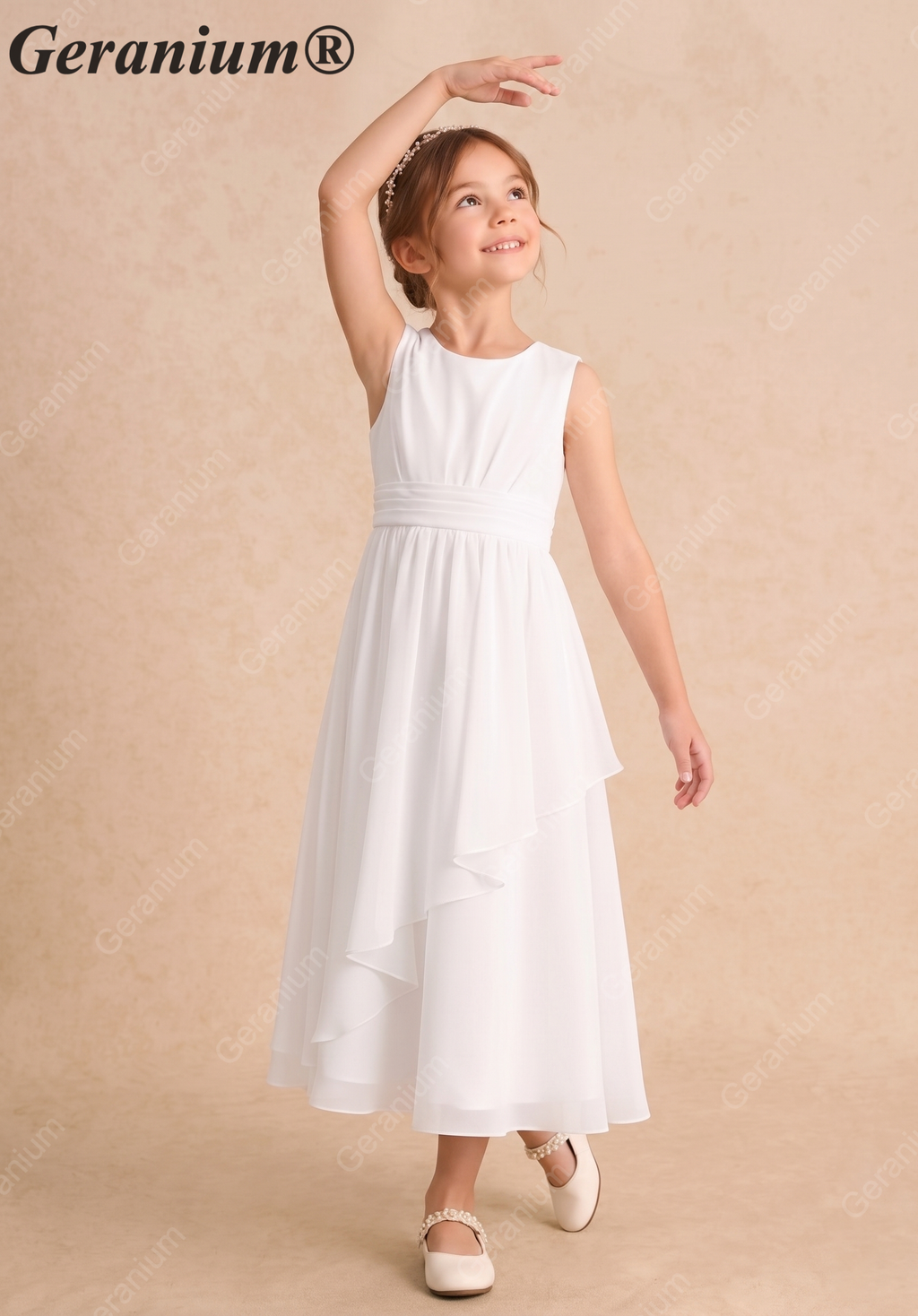 Geranium Elegant White Chiffon Flower Girl Dress / Bridesmaid Dress - Ruched Sash A-Line Cascading Ruffle Skirt - for Wedding, Communion, Party KD-228