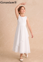 Geranium Elegant White Chiffon Flower Girl Dress / Bridesmaid Dress - Ruched Sash A-Line Cascading Ruffle Skirt - for Wedding, Communion, Party KD-228
