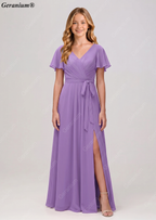 Geranium Elegant Chiffon V-Neck Flutter Sleeve Junior Bridesmaid Dress with Side Slit KD-310