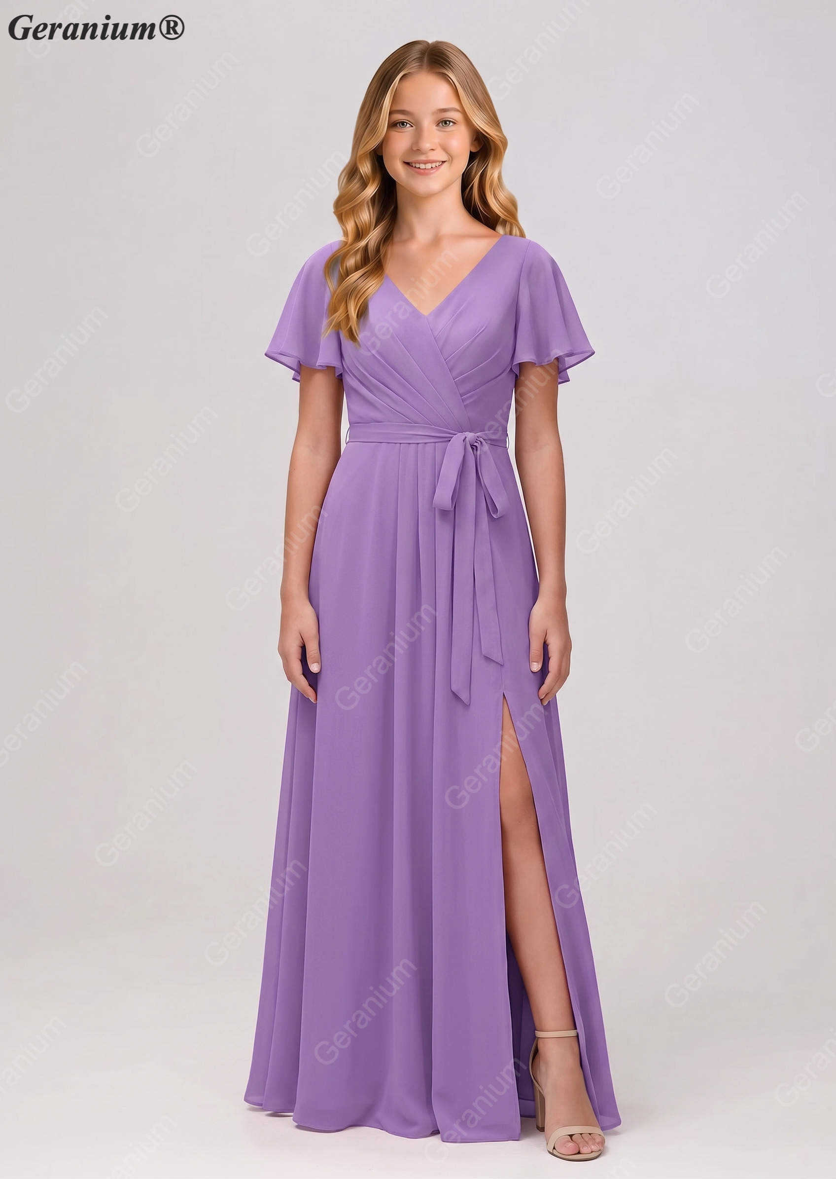 Geranium Elegant Chiffon V-Neck Flutter Sleeve Junior Bridesmaid Dress with Side Slit KD-310