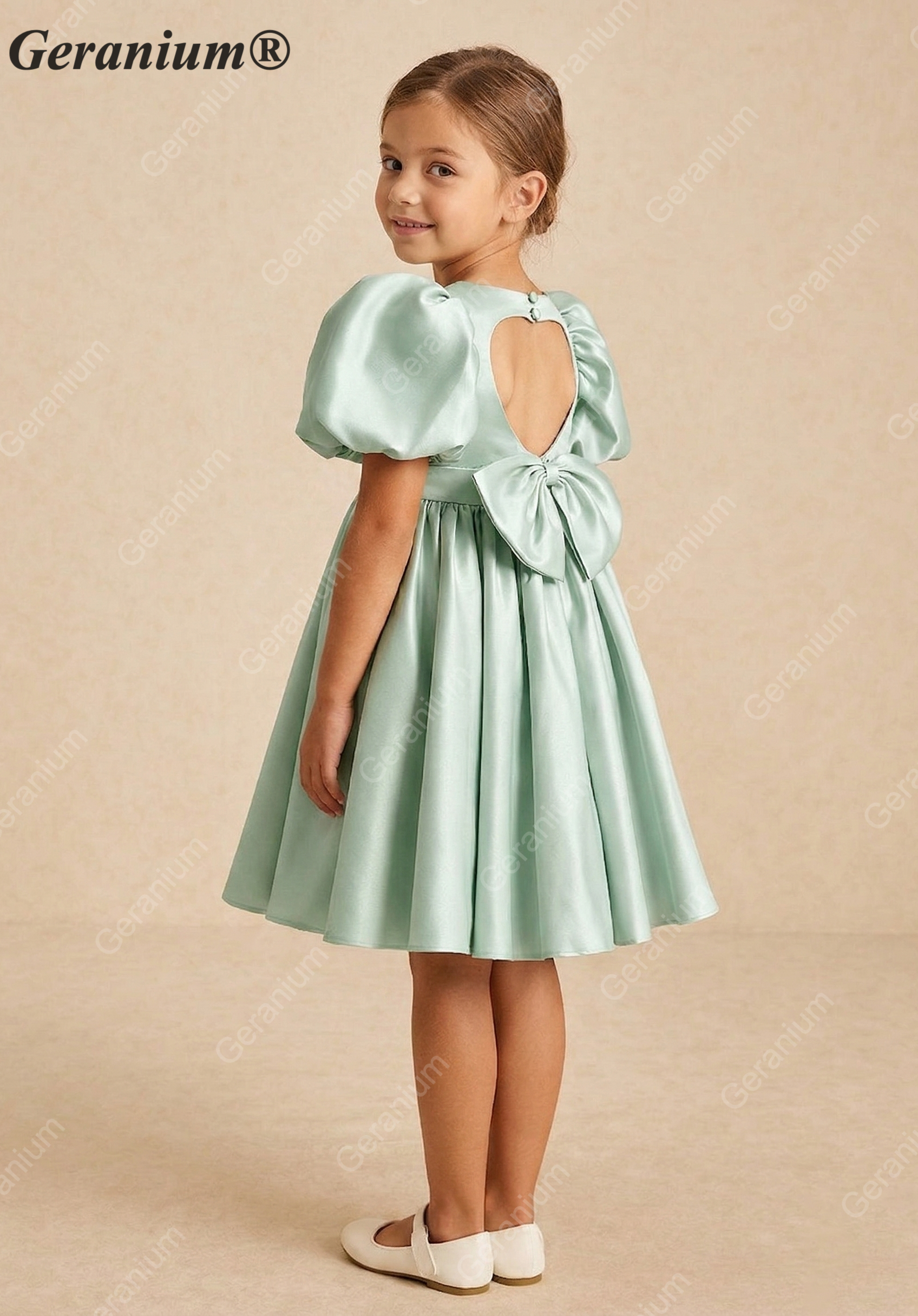 Geranium Satin Puff Sleeve Flower Girl Dress with Heart Cut-Out Back & Bow – KD-282 Secondary image