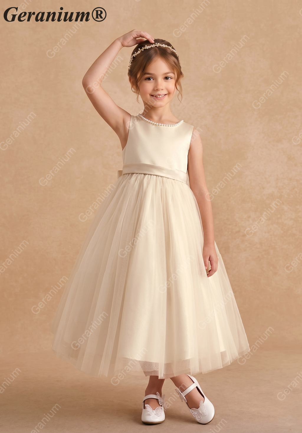 Geranium Elegant Champagne Flower Girl Dress with Pearl Trim and Oversized Back Bow - Satin & Tulle Princess Gown KD-194