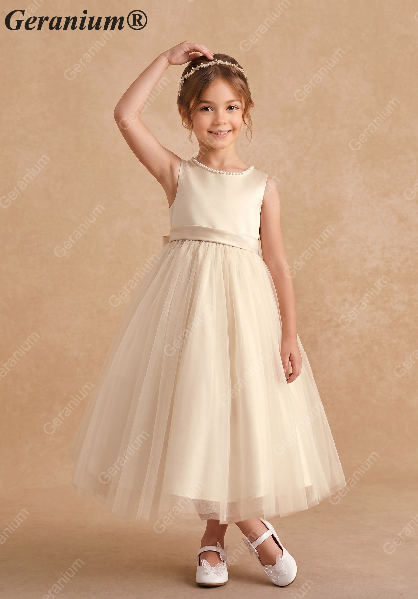 Geranium Elegant Champagne Flower Girl Dress with Pearl Trim and Oversized Back Bow - Satin & Tulle Princess Gown KD-194