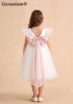 Geranium Elegant White Tulle Flower Girl Dress with Detachable Oversized Pink Back Bow - Flutter Sleeve Princess Gown KD-213