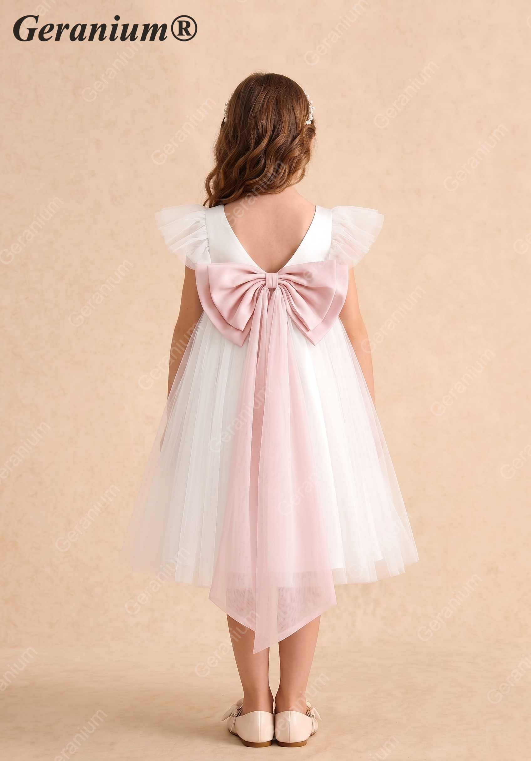 Geranium Elegant White Tulle Flower Girl Dress with Detachable Oversized Pink Back Bow - Flutter Sleeve Princess Gown KD-213