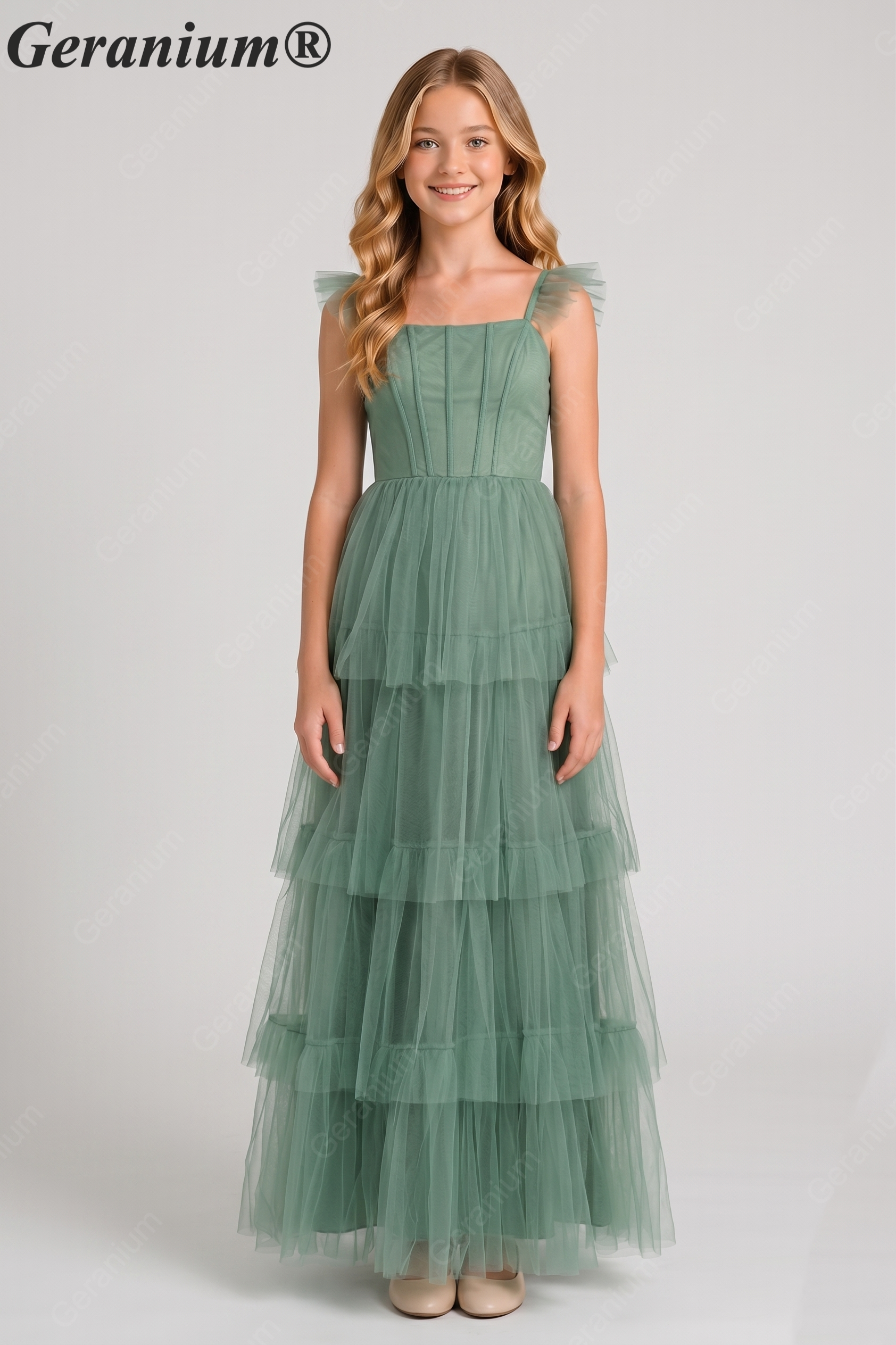 Geranium Fairy-tale Square Neck Tiered Tulle Gown with Corset Bodice for Bridesmaid & Prom KD-325 Main image