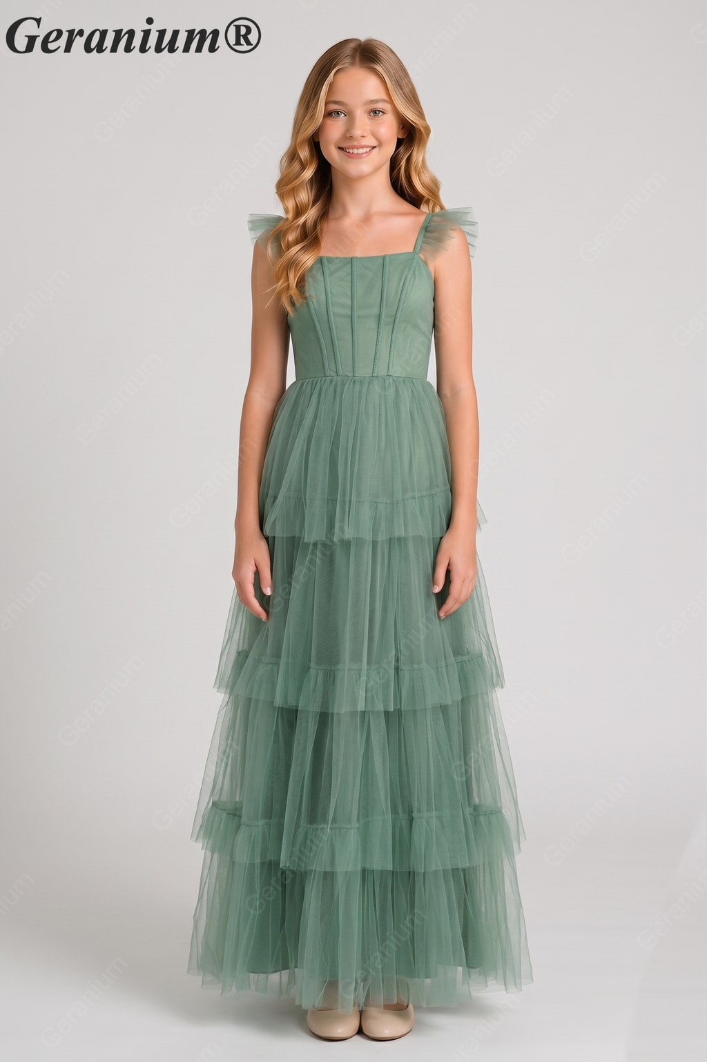 Geranium Fairy-tale Square Neck Tiered Tulle Gown with Corset Bodice for Bridesmaid & Prom KD-325