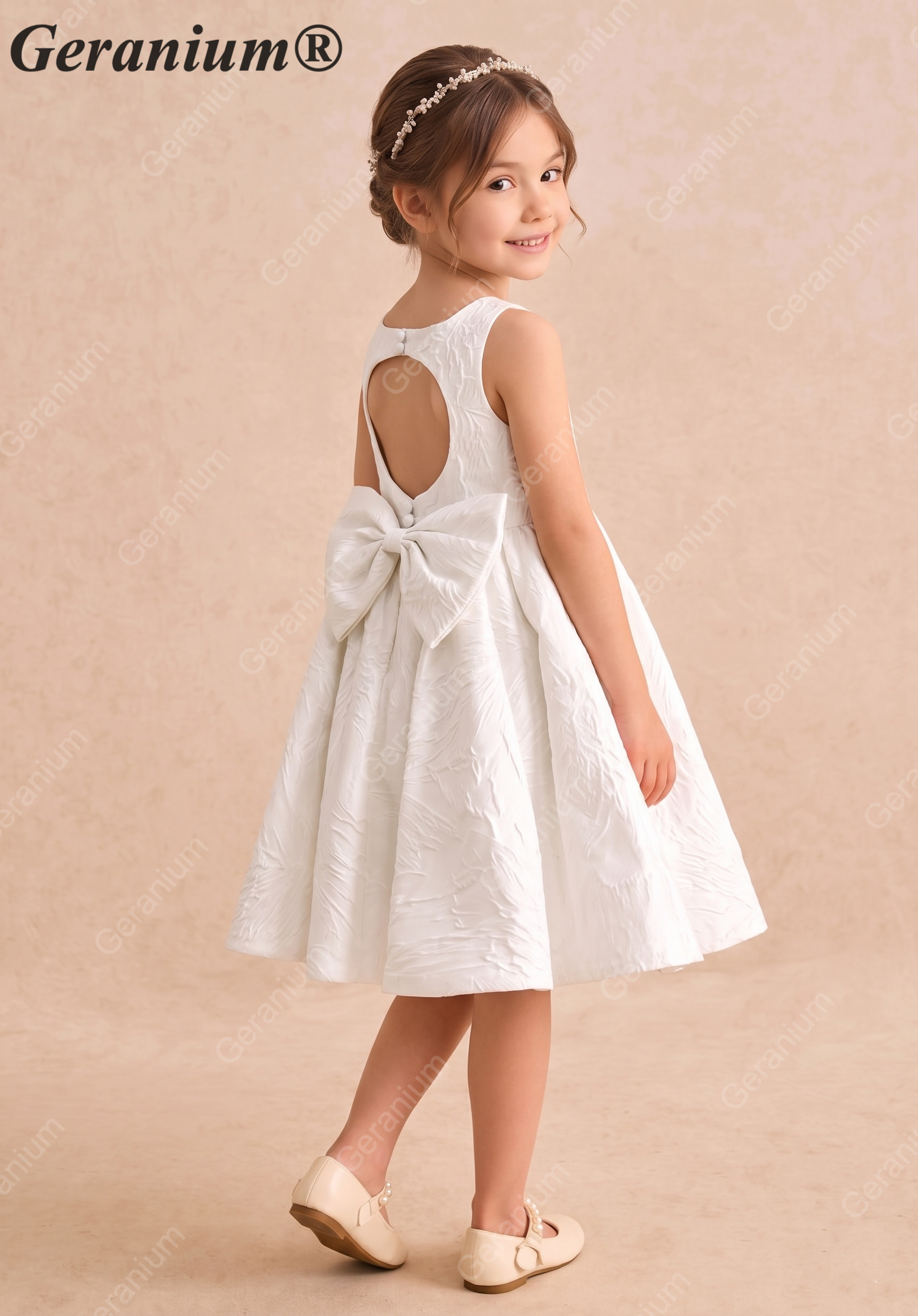 Geranium White Jacquard Flower Girl Dress with Heart Back Bow – KD-235 Secondary image