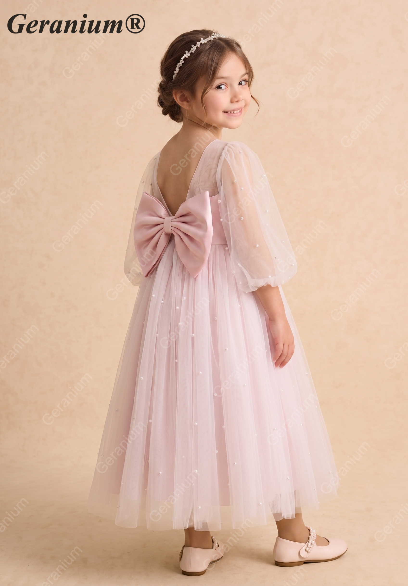 Geranium Girls Pink Pearl Tulle Princess Dress - Backless Party Gown with Oversized Bow & Puff Sleeves KD-293