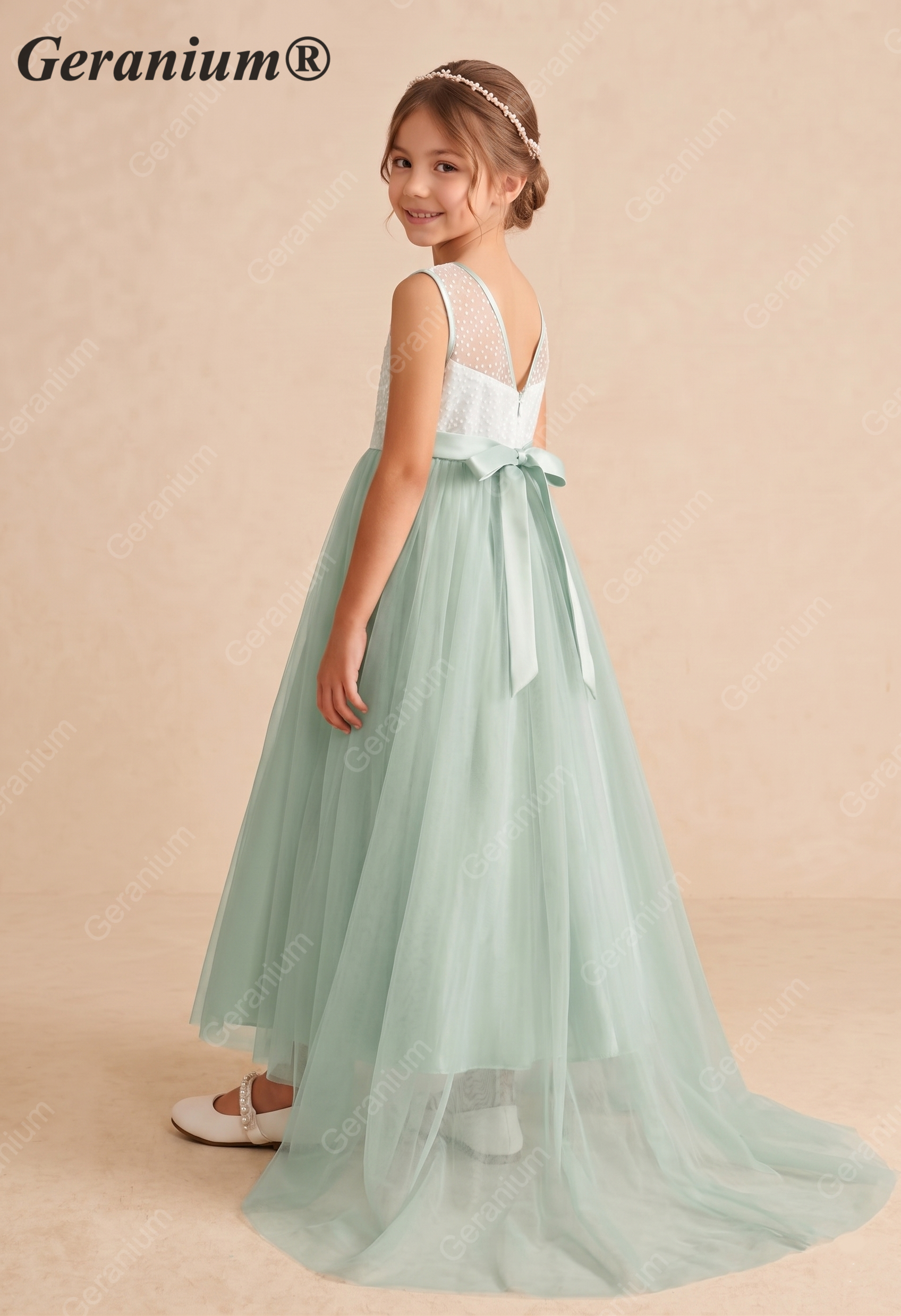 Geranium Dusty Sage Sequin Tulle Flower Girl Dress with V-Back Bow – KD-238 Secondary image