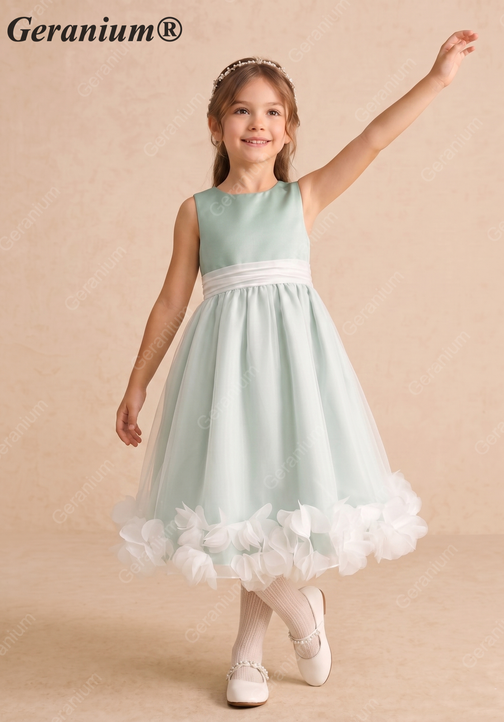 Geranium Elegant Sage Green Satin Flower Girl Dress with Tulle Overlay and Pétal Hem KD-268