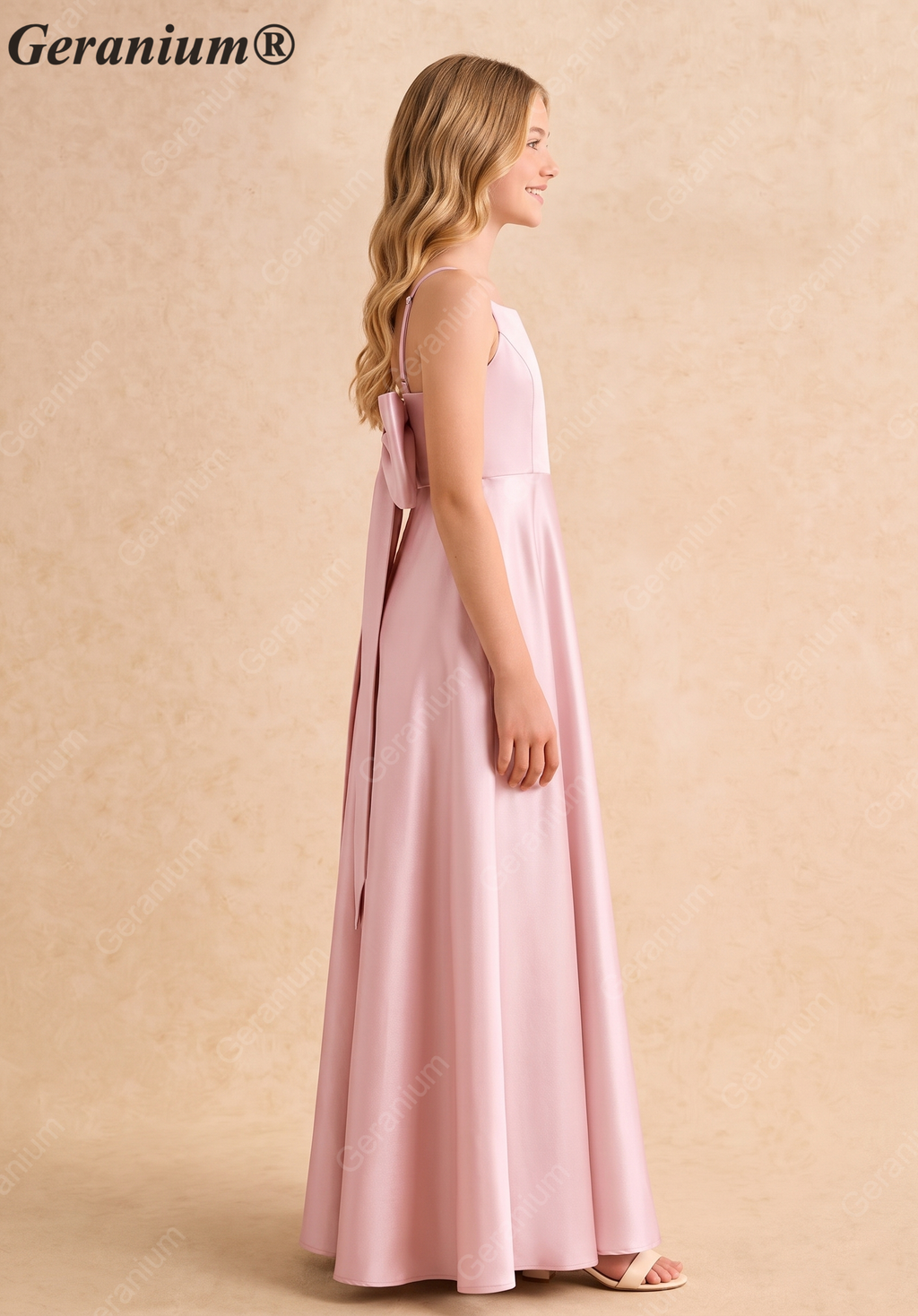 Geranium Elegant Square Neck Satin Flower Girl Dress with Detachable Back Bow - Dusty Rose KD-215