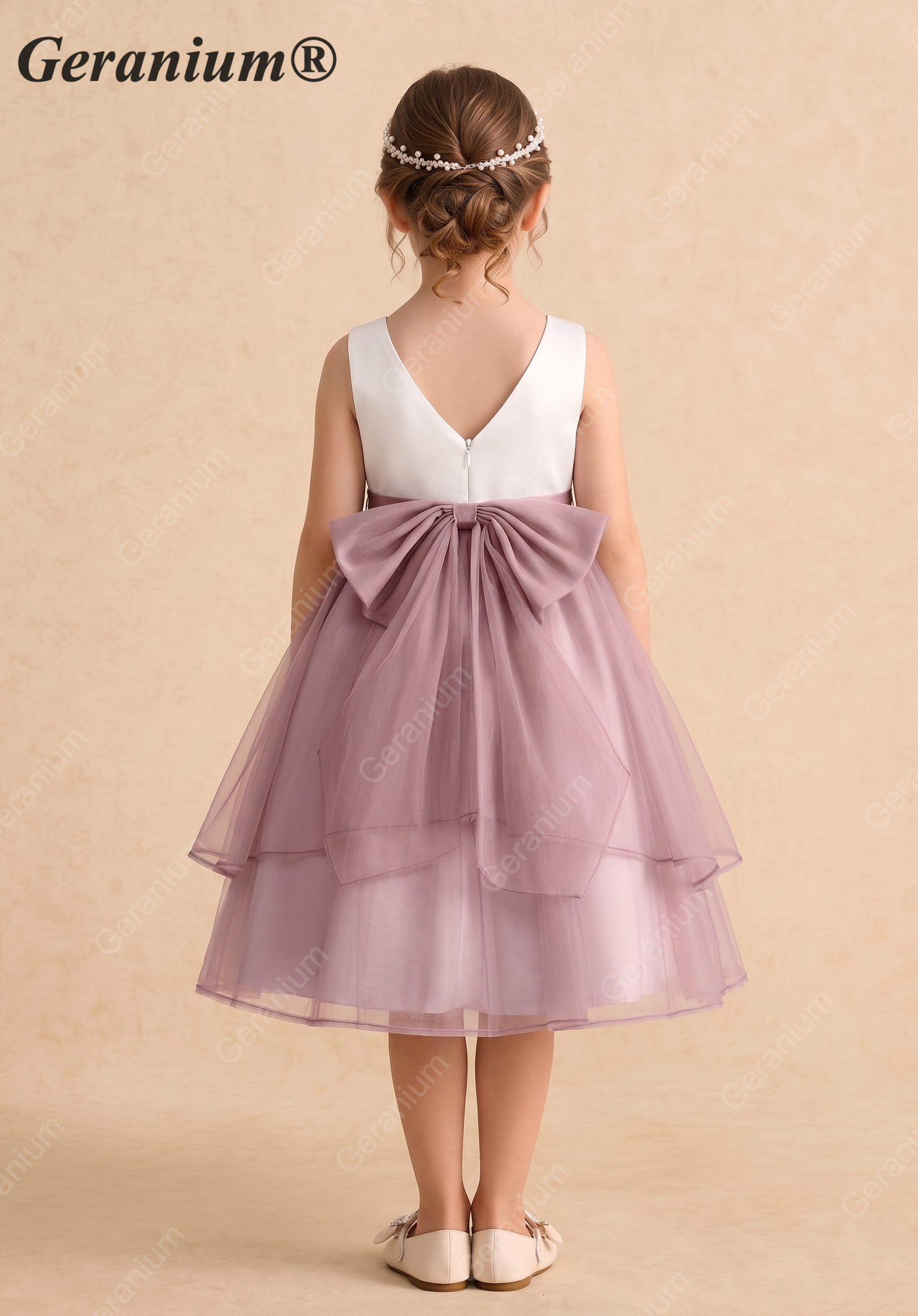 Geranium Elegant Two-Tone Flower Girl Dress: White Satin Sleeveless Bodice with Dusty Mauve Tiered Tulle Skirt & Detachable Oversized Bow KD-240
