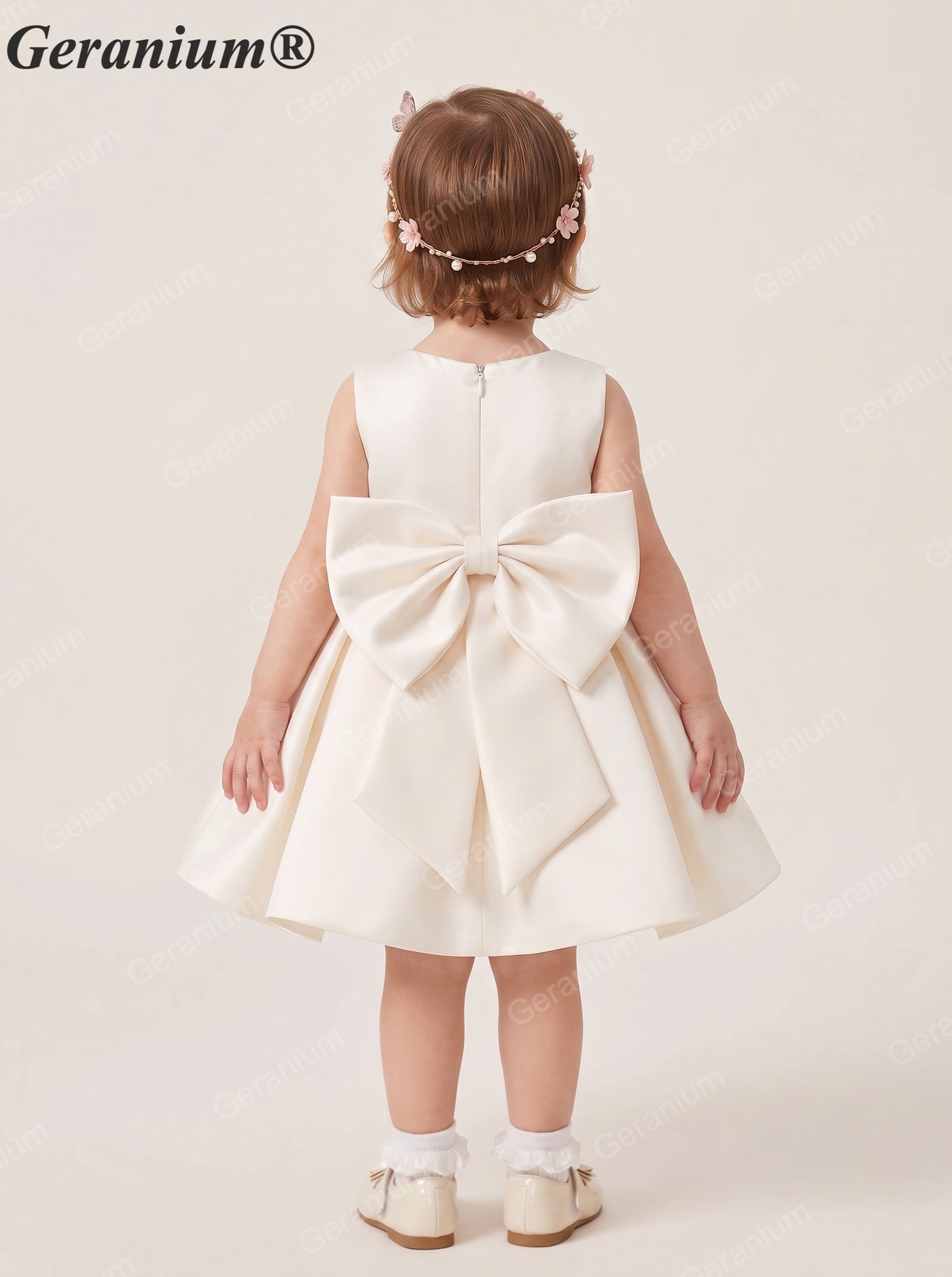 Geranium Pearl Peter Pan Collar Satin Flower Girl Dress - Elegant Toddler Princess Gown with Statement Bow KD-370