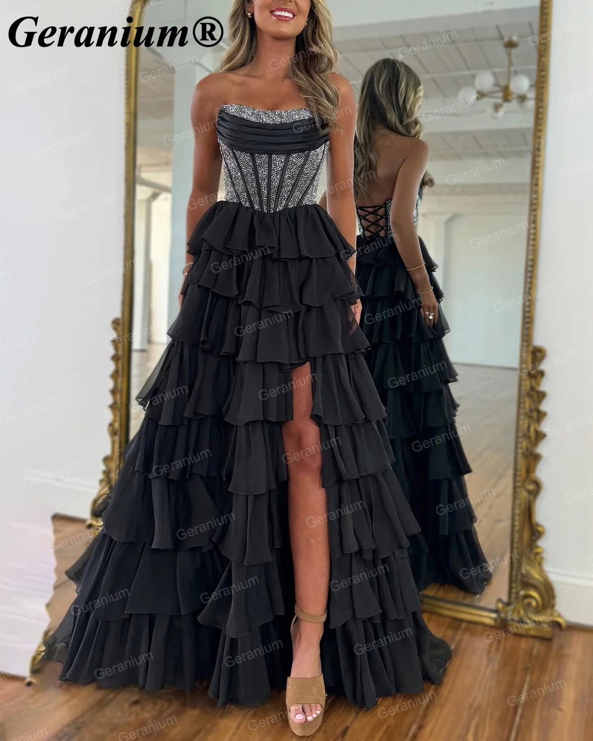 Geranium Rhinestone Corset Tiered Ruffle Ball Gown Prom Dress – GER708P
