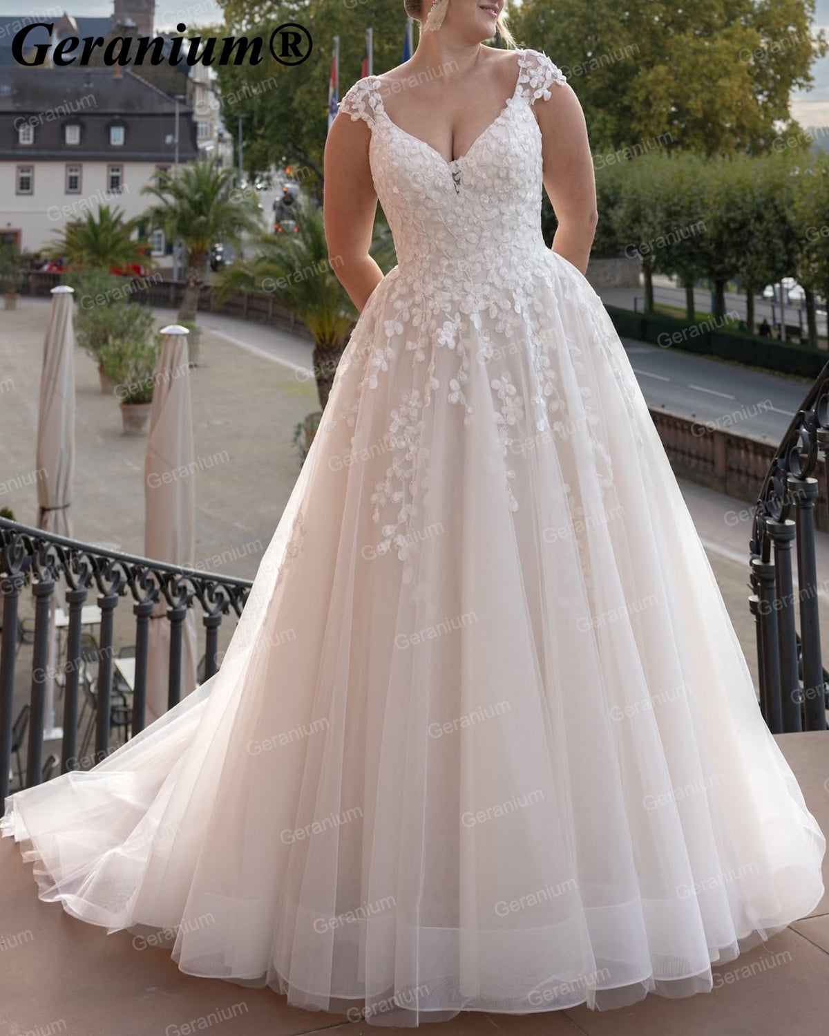 Geranium V-Neck Floral Lace Ball Gown Wedding Dress GER53