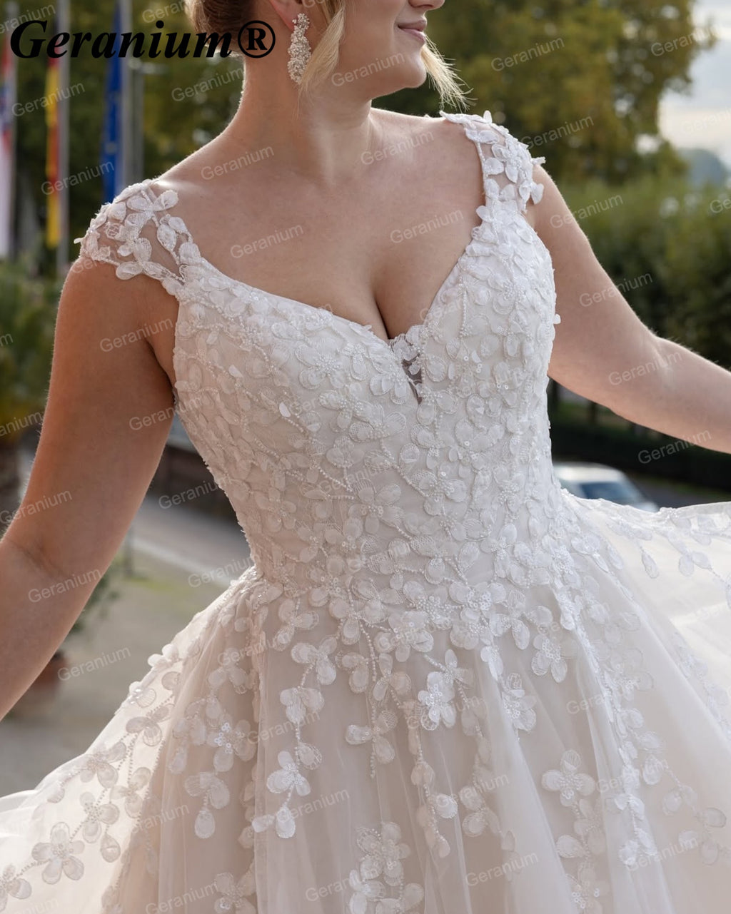 Geranium V-Neck Floral Lace Ball Gown Wedding Dress GER53