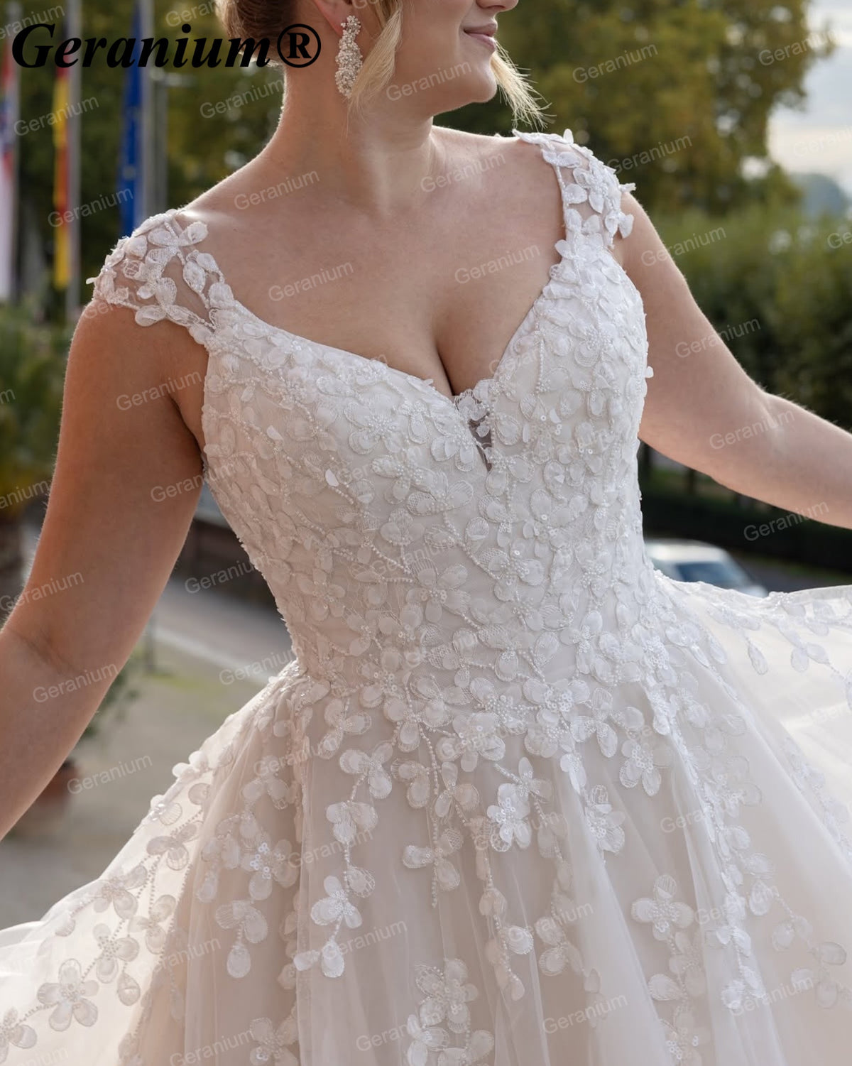 Geranium V-Neck Floral Lace Ball Gown Wedding Dress GER53