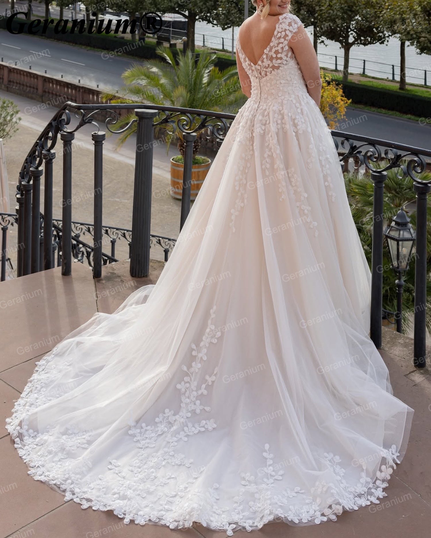 Geranium V-Neck Floral Lace Ball Gown Wedding Dress GER53 Secondary image