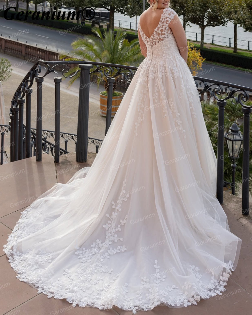 Geranium V-Neck Floral Lace Ball Gown Wedding Dress GER53