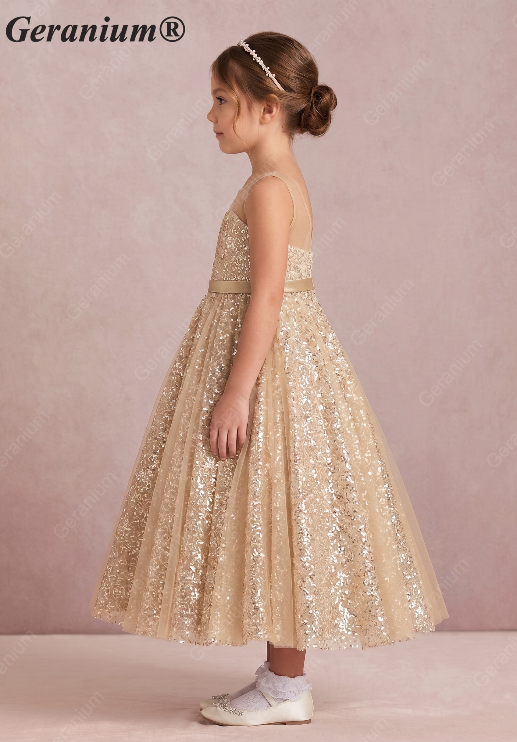 Geranium Luxury Champagne Gold Sequin Flower Girl Dress - Illusion Neckline Tulle Ball Gown for Kids KD-267