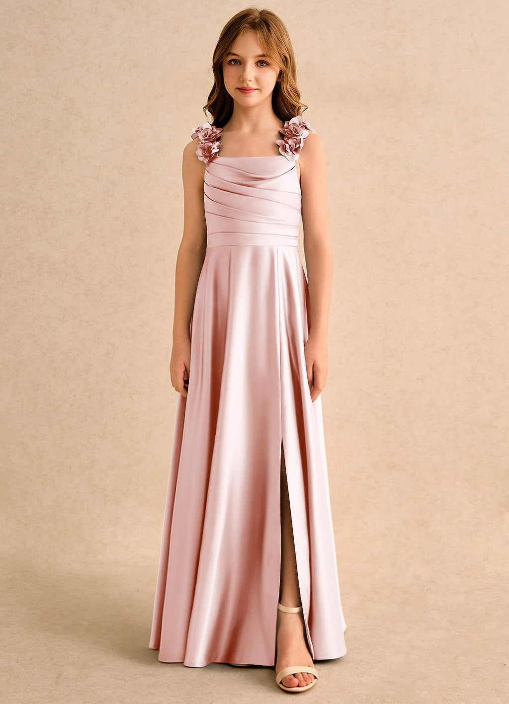 Geranium Blush Pink Satin Cape Bridesmaid Dress with Floral Shoulder Straps and Draped Bodice KD-146