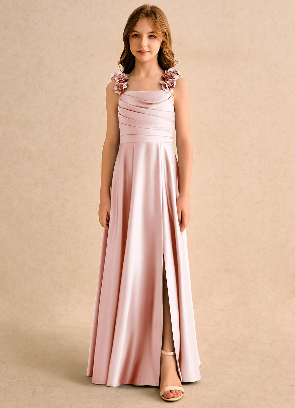 Geranium Blush Pink Satin Cape Bridesmaid Dress with Floral Shoulder Straps and Draped Bodice KD-146