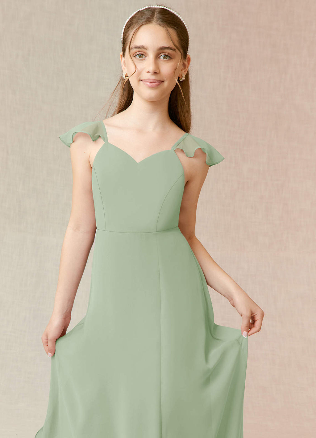 Geranium Sage Green Flutter Sleeve Chiffon Junior Bridesmaid Dress with Bow Back & Side Slit KD-69