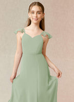 Geranium Sage Green Flutter Sleeve Chiffon Junior Bridesmaid Dress with Bow Back & Side Slit KD-69