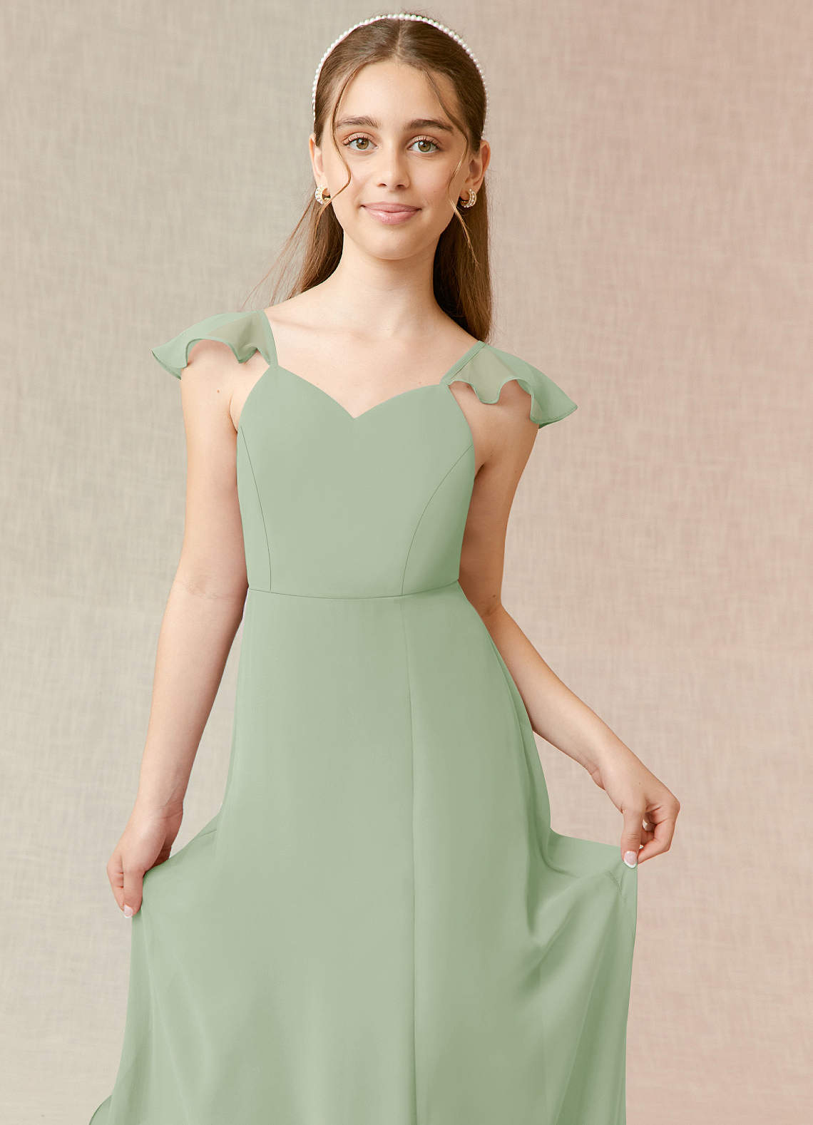 Geranium Sage Green Flutter Sleeve Chiffon Junior Bridesmaid Dress with Bow Back & Side Slit KD-69