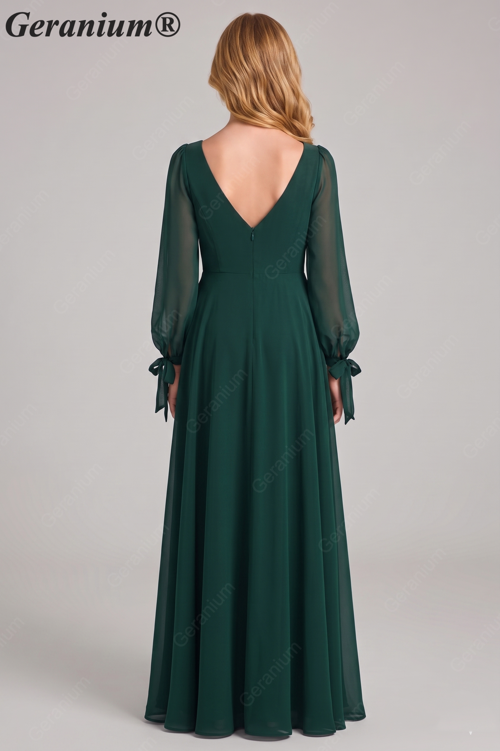 Geranium Elegant Dark Green Chiffon Long Sleeve Junior Bridesmaid Dress with Tie Cuffs KD-322