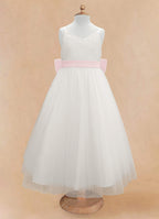 Geranium Elegant V-Neck Tulle Flower Girl Dress with Oversized Satin Back Bow & Pink Sash KD-303