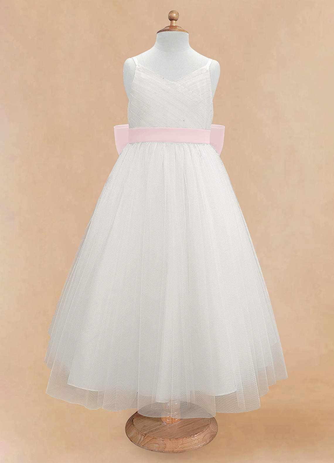 Geranium Elegant V-Neck Tulle Flower Girl Dress with Oversized Satin Back Bow & Pink Sash KD-303