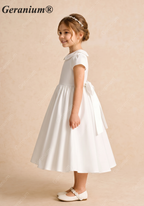 Geranium Elegant White Satin A-Line Flower Girl Dress - Peter Pan Collar Short Sleeve Party Gown with Oversized Back Bow KD-203