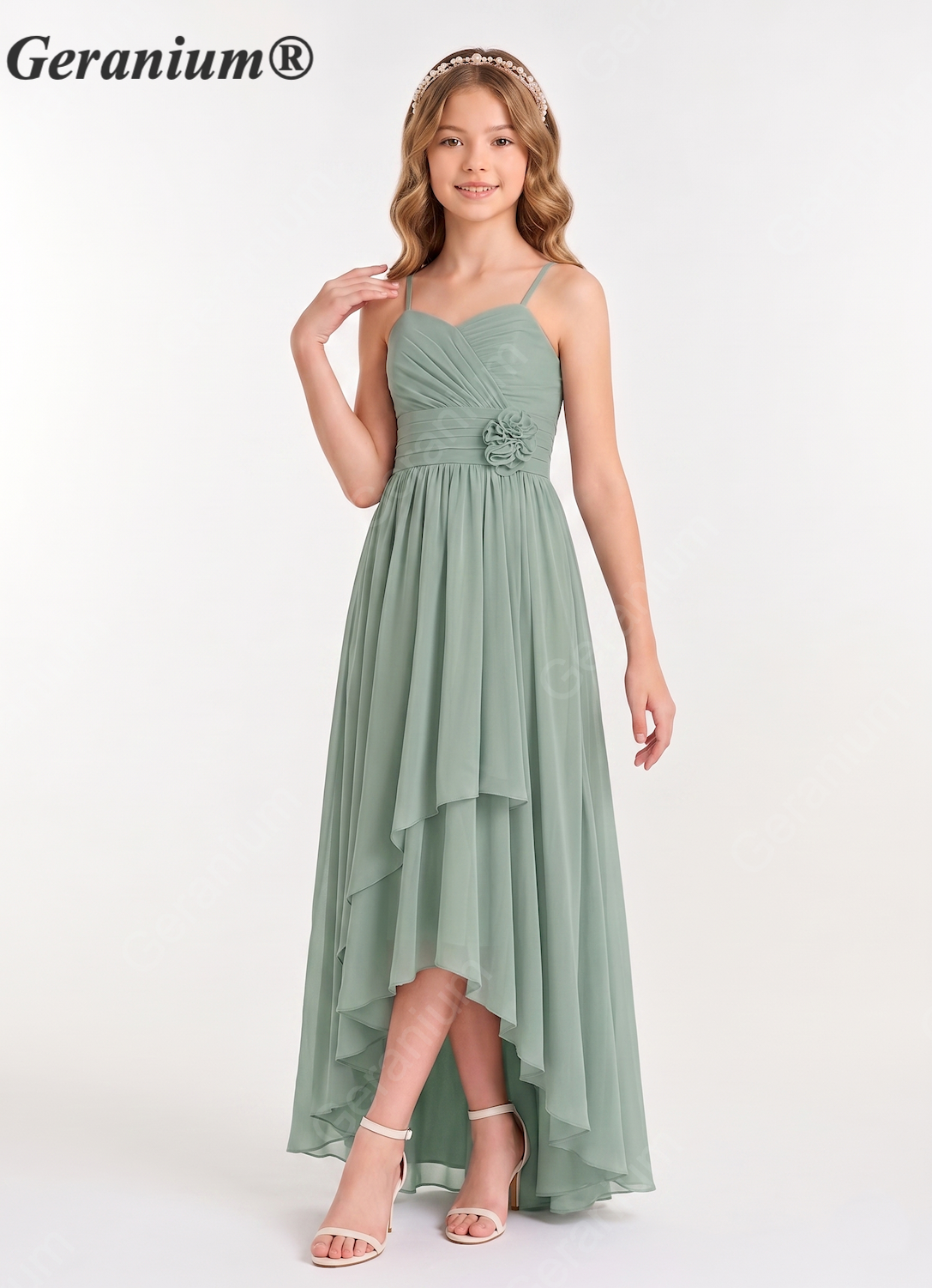 Geranium Elegant Spaghetti Strap High-Low Chiffon Junior Bridesmaid Dress with Floral Sash KD-63J Secondary image