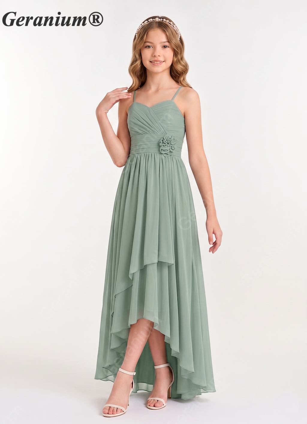 Geranium Elegant Spaghetti Strap High-Low Chiffon Junior Bridesmaid Dress with Floral Sash KD-63J