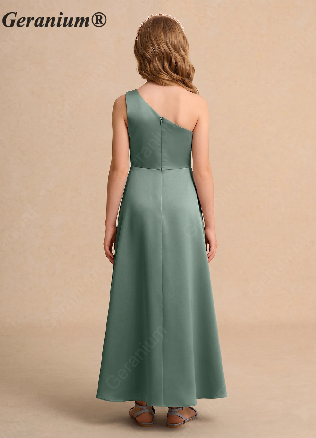 Geranium Sage Green One-Shoulder Flower Girl Dress with Draped Waist & Asymmetrical Hem KD-111
