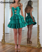Geranium Strapless Satin Mini Prom Dress with Cutouts & Ruffles – GER728P