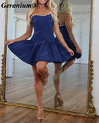 Geranium Pearl Trim Satin Corset Mini Homecoming Dress – GER716P