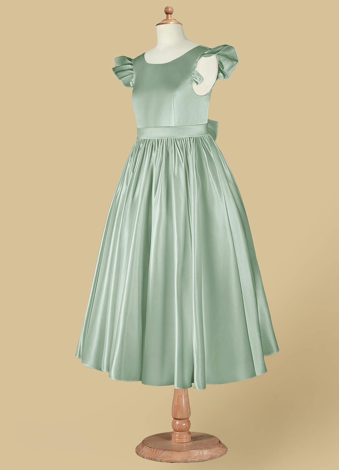 Geranium Mint Green Satin Flower Girl Dress with Flutter Sleeves & Back Bow - Elegant A-Line Communion Party Gown KD-252