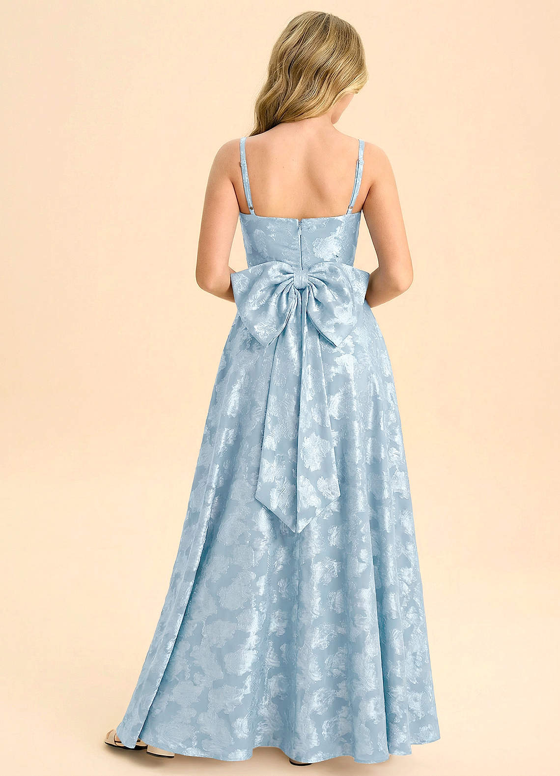 Geranium Dusty Blue Jacquard A-Line Long Dress with Bow Back – Spaghetti Strap Elegant Teen Formal Dress KD-76 Secondary image