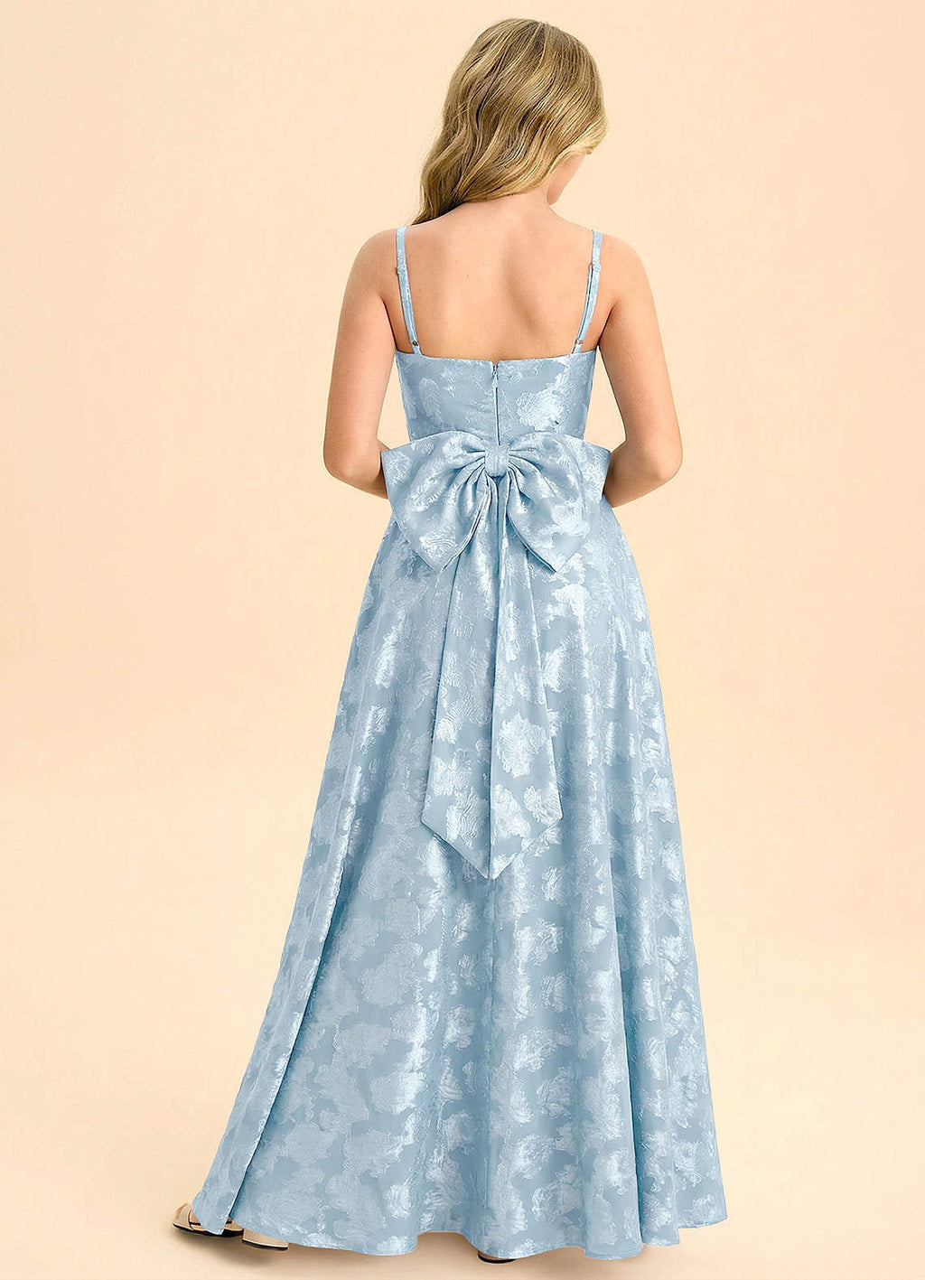 Geranium Dusty Blue Jacquard A-Line Long Dress with Bow Back – Spaghetti Strap Elegant Teen Formal Dress KD-76