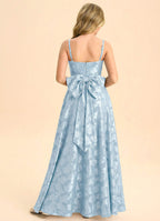 Geranium Dusty Blue Jacquard A-Line Long Dress with Bow Back – Spaghetti Strap Elegant Teen Formal Dress KD-76