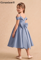 Geranium Elegant Dusty Blue Satin Off-The-Shoulder Flower Girl Dress with Oversized Back Bow KD-257