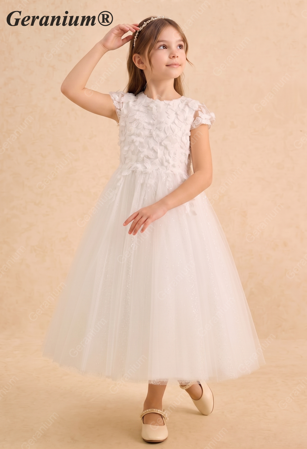 Geranium Elegant 3D Floral Applique Cap Sleeve Flower Girl Dress - Ankle Length Tulle Gown KD-234