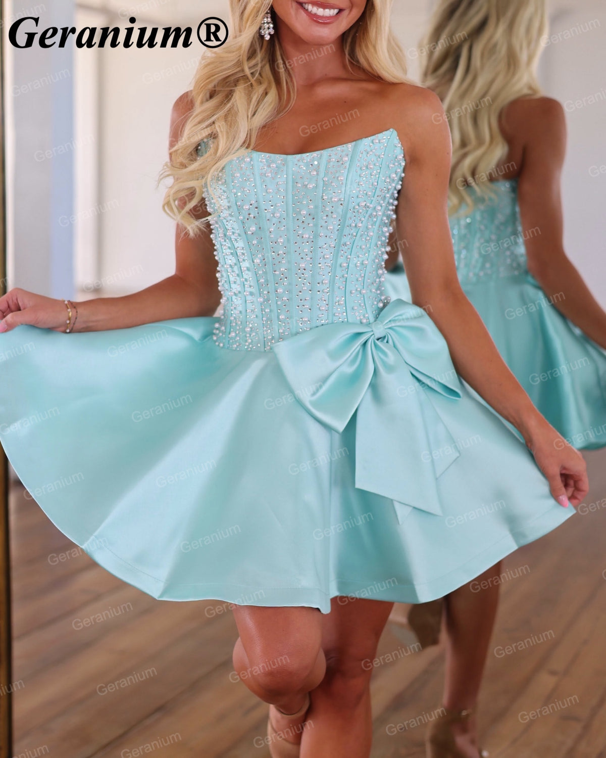 Geranium Beaded Corset Satin Bow Mini Homecoming Dress – GER722P Main image